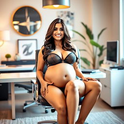 Yami Gautam playfully posing in a stylish bikini, showcasing her big belly and big breasts while sitting comfortably on a modern office chair