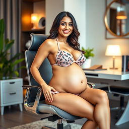 Yami Gautam playfully posing in a stylish bikini, showcasing her big belly and big breasts while sitting comfortably on a modern office chair