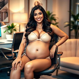 Yami Gautam playfully posing in a stylish bikini, showcasing her big belly and big breasts while sitting comfortably on a modern office chair