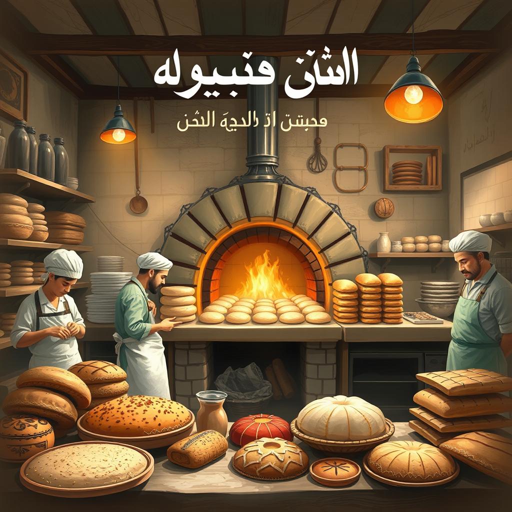 An artistic depiction of a traditional Iranian bakery production, showcasing the process of bread-making with bakers skillfully shaping dough, using a traditional tandoor oven, and beautifully arranged breads such as Barbari, Sangak, and Taftoon