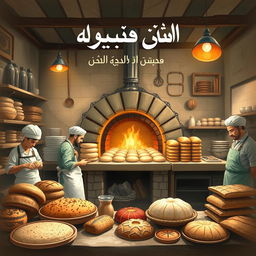 An artistic depiction of a traditional Iranian bakery production, showcasing the process of bread-making with bakers skillfully shaping dough, using a traditional tandoor oven, and beautifully arranged breads such as Barbari, Sangak, and Taftoon