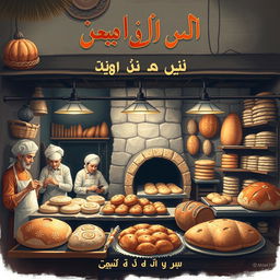 An artistic depiction of a traditional Iranian bakery production, showcasing the process of bread-making with bakers skillfully shaping dough, using a traditional tandoor oven, and beautifully arranged breads such as Barbari, Sangak, and Taftoon