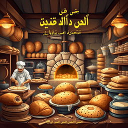 An artistic depiction of a traditional Iranian bakery production, showcasing the process of bread-making with bakers skillfully shaping dough, using a traditional tandoor oven, and beautifully arranged breads such as Barbari, Sangak, and Taftoon