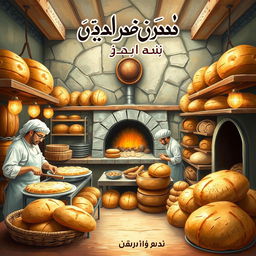 An artistic depiction of a traditional Iranian bakery production, showcasing the process of bread-making with bakers skillfully shaping dough, using a traditional tandoor oven, and beautifully arranged breads such as Barbari, Sangak, and Taftoon
