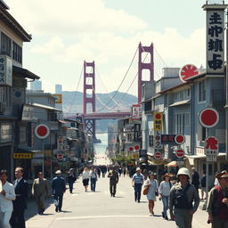 A reimagined scene of San Francisco under Japanese control in 1973, showcasing iconic landmarks like the Golden Gate Bridge and the city skyline altered with Japanese architecture and cultural elements