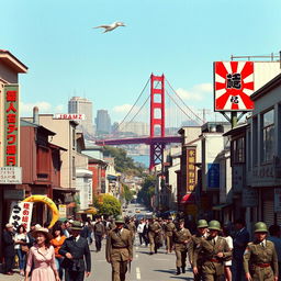 A reimagined scene of San Francisco under Japanese control in 1973, showcasing iconic landmarks like the Golden Gate Bridge and the city skyline altered with Japanese architecture and cultural elements