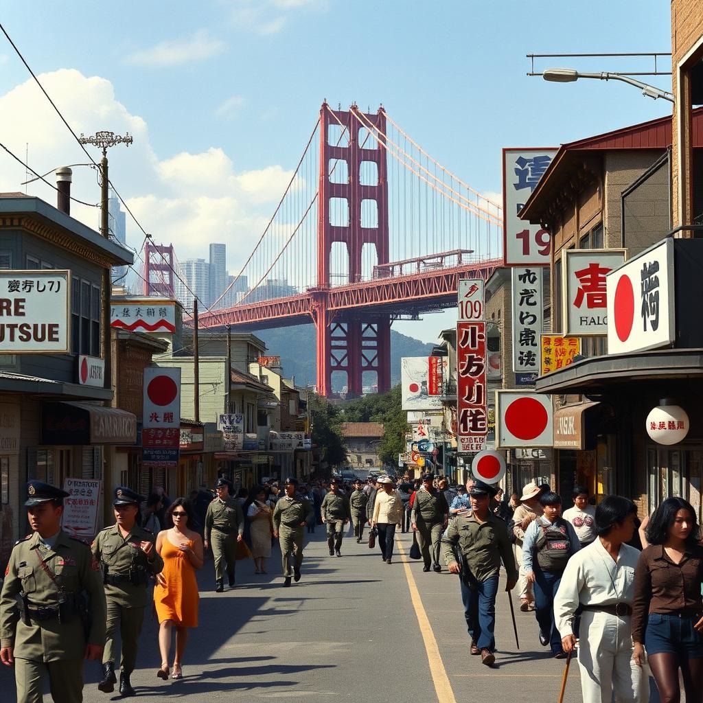 A reimagined scene of San Francisco under Japanese control in 1973, showcasing iconic landmarks like the Golden Gate Bridge and the city skyline altered with Japanese architecture and cultural elements