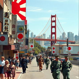 A reimagined scene of San Francisco under Japanese control in 1973, showcasing iconic landmarks like the Golden Gate Bridge and the city skyline altered with Japanese architecture and cultural elements