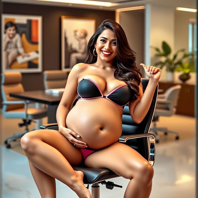 Yami Gautam playfully posing in a chic bikini, emphasizing her big belly and big breasts while seated on a modern office chair