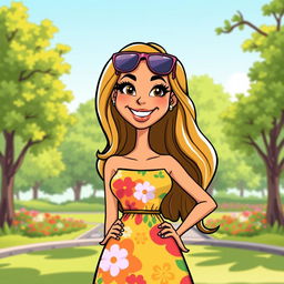 A colorful cartoon lady standing confidently, wearing a vibrant summer dress with floral patterns