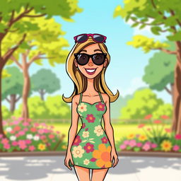 A colorful cartoon lady standing confidently, wearing a vibrant summer dress with floral patterns