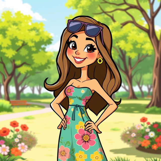 A colorful cartoon lady standing confidently, wearing a vibrant summer dress with floral patterns