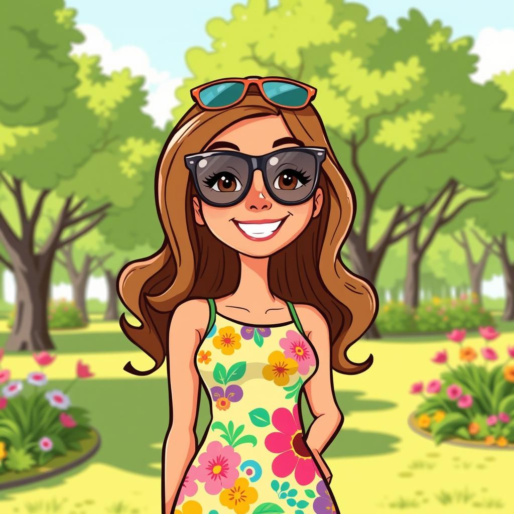 A colorful cartoon lady standing confidently, wearing a vibrant summer dress with floral patterns