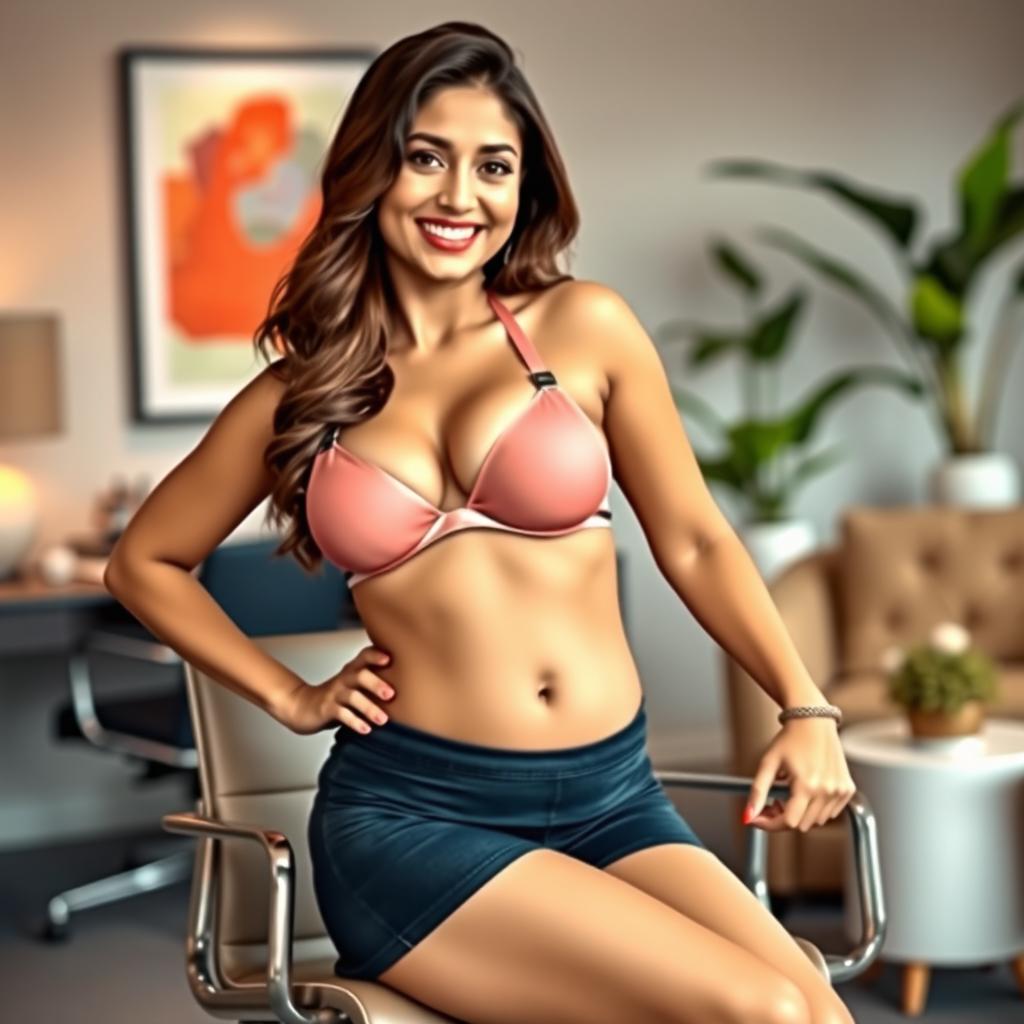 Yami Gautam striking a confident pose in a fashionable bikini, accentuating her big belly and big breasts as she sits on a sleek office chair