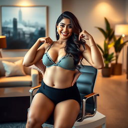 Yami Gautam striking a confident pose in a fashionable bikini, accentuating her big belly and big breasts as she sits on a sleek office chair