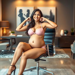 Yami Gautam striking a confident pose in a fashionable bikini, accentuating her big belly and big breasts as she sits on a sleek office chair