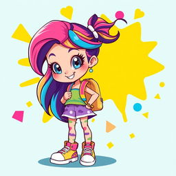 A vibrant full-body illustration of a cartoon girl, character design showcasing playful features, big expressive eyes, and a cheerful smile
