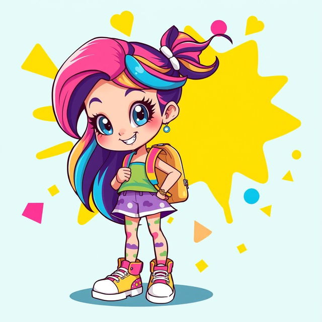 A vibrant full-body illustration of a cartoon girl, character design showcasing playful features, big expressive eyes, and a cheerful smile