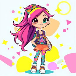 A vibrant full-body illustration of a cartoon girl, character design showcasing playful features, big expressive eyes, and a cheerful smile
