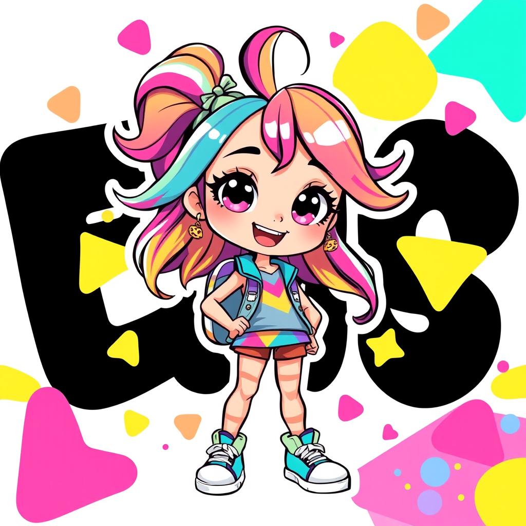 A vibrant full-body illustration of a cartoon girl, character design showcasing playful features, big expressive eyes, and a cheerful smile