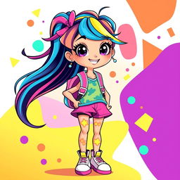 A vibrant full-body illustration of a cartoon girl, character design showcasing playful features, big expressive eyes, and a cheerful smile