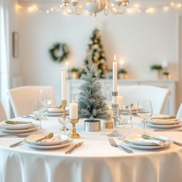 A beautifully arranged minimal Christmas table setting, featuring a white tablecloth, with elegant silver and gold accents