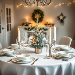 A beautifully arranged minimal Christmas table setting, featuring a white tablecloth, with elegant silver and gold accents