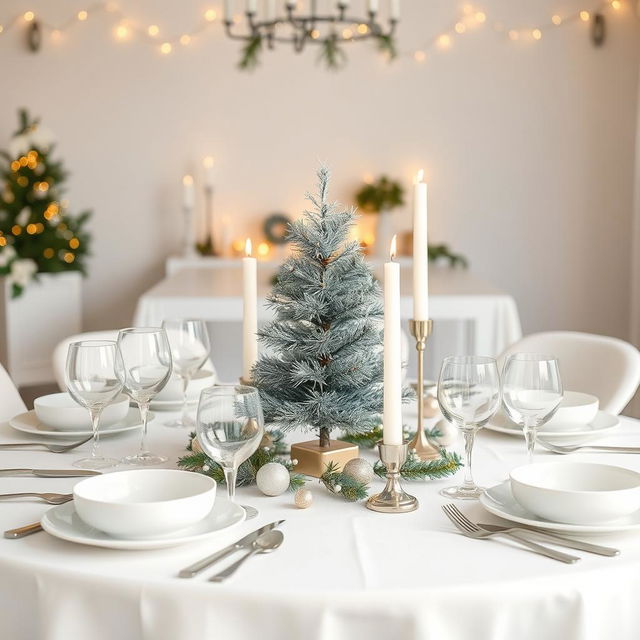 A beautifully arranged minimal Christmas table setting, featuring a white tablecloth, with elegant silver and gold accents