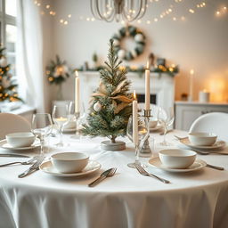 A beautifully arranged minimal Christmas table setting, featuring a white tablecloth, with elegant silver and gold accents