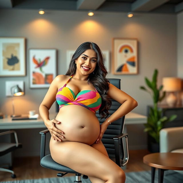 Yami Gautam confidently posing in a colorful bikini that highlights her big belly and big breasts as she sits gracefully on a stylish office chair