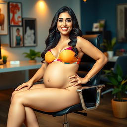 Yami Gautam confidently posing in a colorful bikini that highlights her big belly and big breasts as she sits gracefully on a stylish office chair