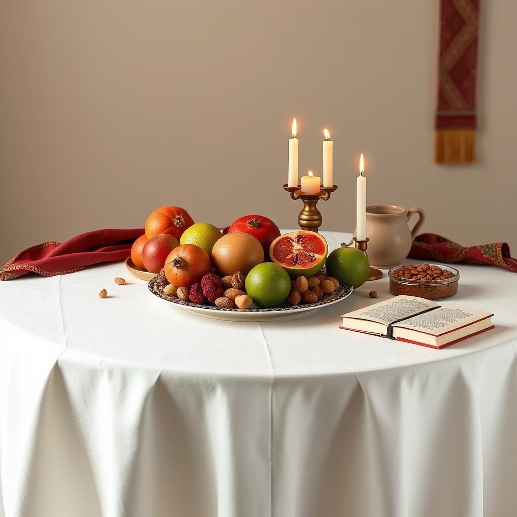 A minimal Yalda night table setting, showcasing traditional Persian elements