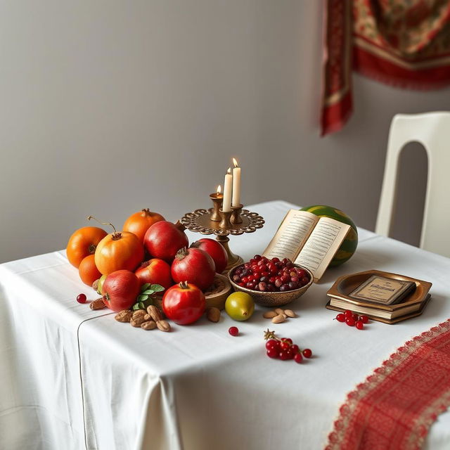 A minimal Yalda night table setting, showcasing traditional Persian elements