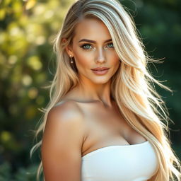 A beautiful blonde woman with long, flowing hair and captivating green eyes