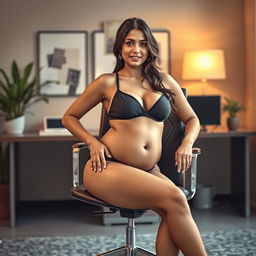 A striking image of Yami Gautam confidently sitting on a sleek office chair, wearing a stylish bikini that shows off her big belly and big breasts