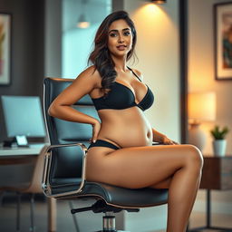 A striking image of Yami Gautam confidently sitting on a sleek office chair, wearing a stylish bikini that shows off her big belly and big breasts