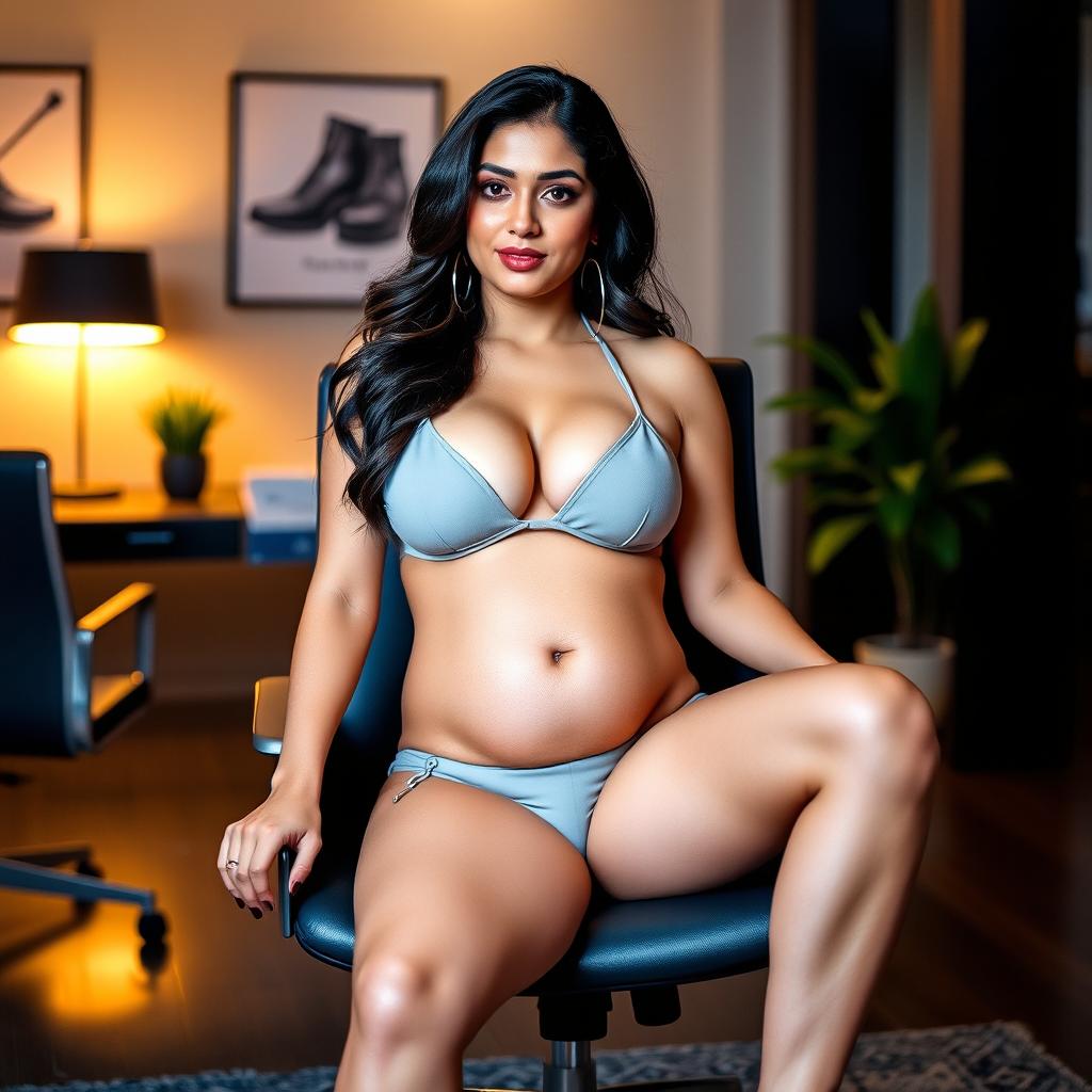 A striking image of Yami Gautam confidently sitting on a sleek office chair, wearing a stylish bikini that shows off her big belly and big breasts