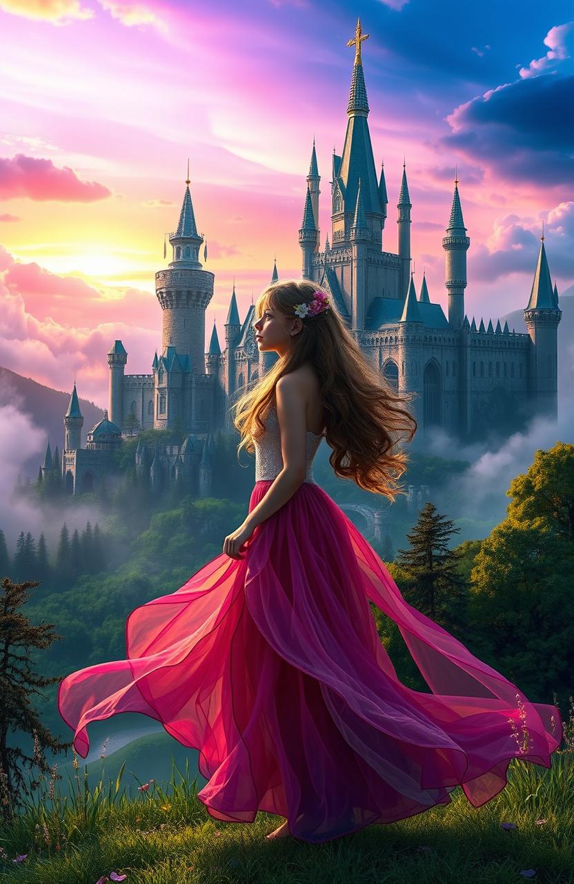 A mystical scene featuring a young woman standing confidently in front of a grand, fantastical kingdom