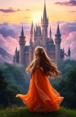 A mystical scene featuring a young woman standing confidently in front of a grand, fantastical kingdom