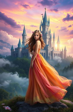 A mystical scene featuring a young woman standing confidently in front of a grand, fantastical kingdom