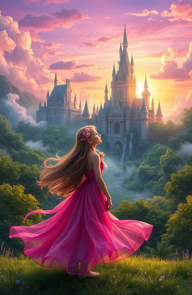 A mystical scene featuring a young woman standing confidently in front of a grand, fantastical kingdom