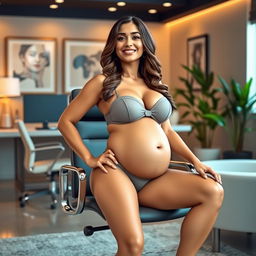 Yami Gautam exuding confidence in a stylish bikini, showcasing her big belly and ample breasts while sitting elegantly on a contemporary office chair