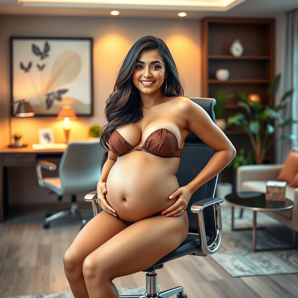 Yami Gautam exuding confidence in a stylish bikini, showcasing her big belly and ample breasts while sitting elegantly on a contemporary office chair