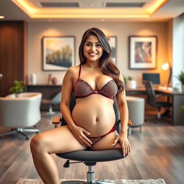 Yami Gautam exuding confidence in a stylish bikini, showcasing her big belly and ample breasts while sitting elegantly on a contemporary office chair