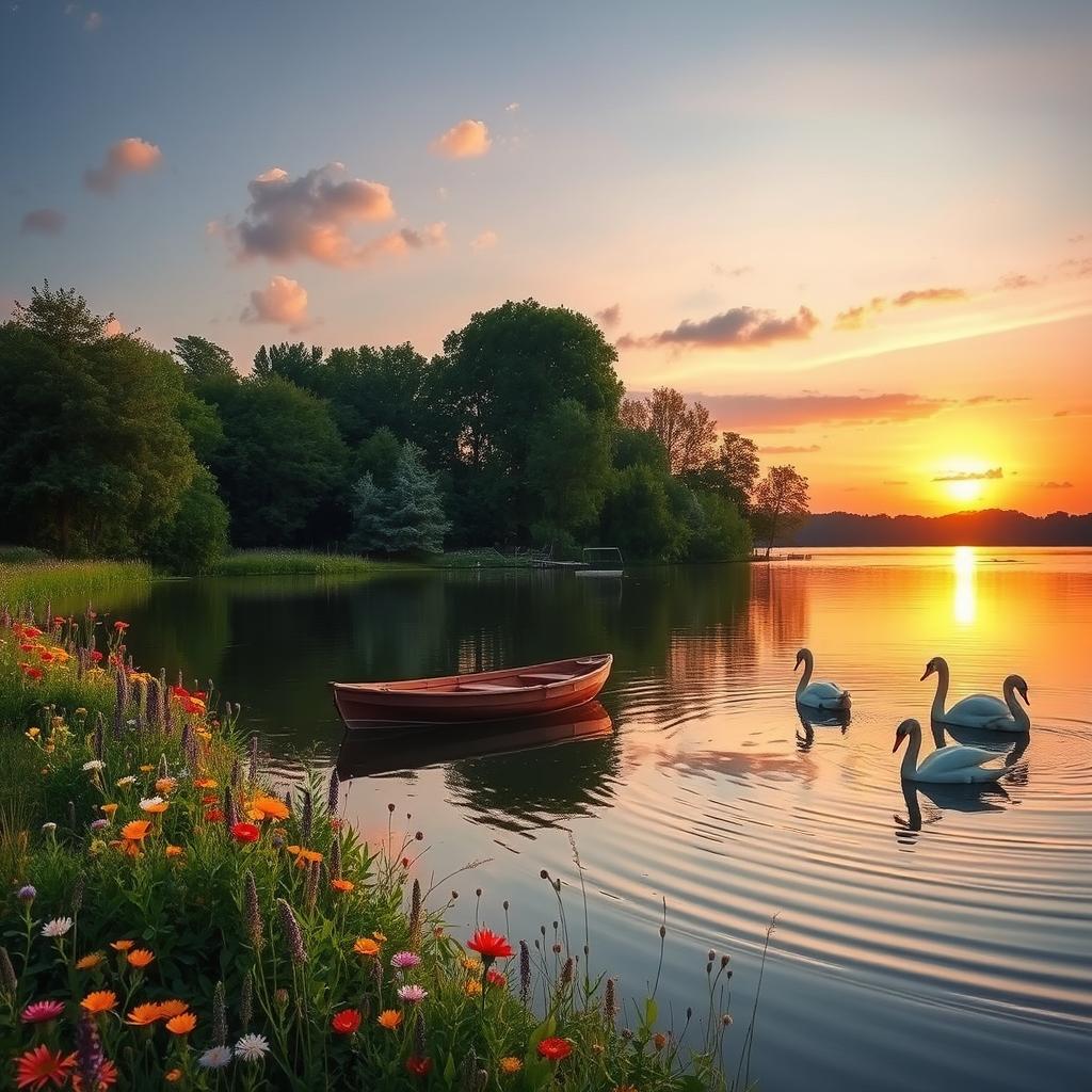 A serene landscape featuring a tranquil lake reflecting the sky at sunset, surrounded by lush green trees and vibrant wildflowers in full bloom along the shore