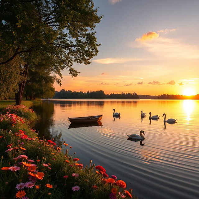 A serene landscape featuring a tranquil lake reflecting the sky at sunset, surrounded by lush green trees and vibrant wildflowers in full bloom along the shore