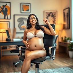 A captivating scene of Yami Gautam seated on a chic office chair, confidently displaying her big belly and ample breasts in a stylish bikini
