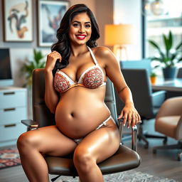 A captivating scene of Yami Gautam seated on a chic office chair, confidently displaying her big belly and ample breasts in a stylish bikini