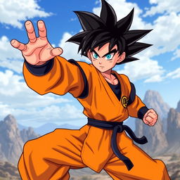 A character design of a teenage boy with spiky black hair, vivid blue eyes, wearing a martial arts gi similar to Gohan's from Dragon Ball Z