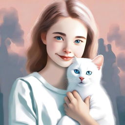 A high-quality digital art piece featuring a young girl with her white domestic cat